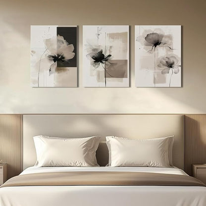 Neutral Abstract Floral Canvas Wall Art Modern Large Minimalist Wall Decor Contemporary Beige Black Flower Posters Prints Picture for Living Room Bedroom Bathroom Office 16x24 In Framed