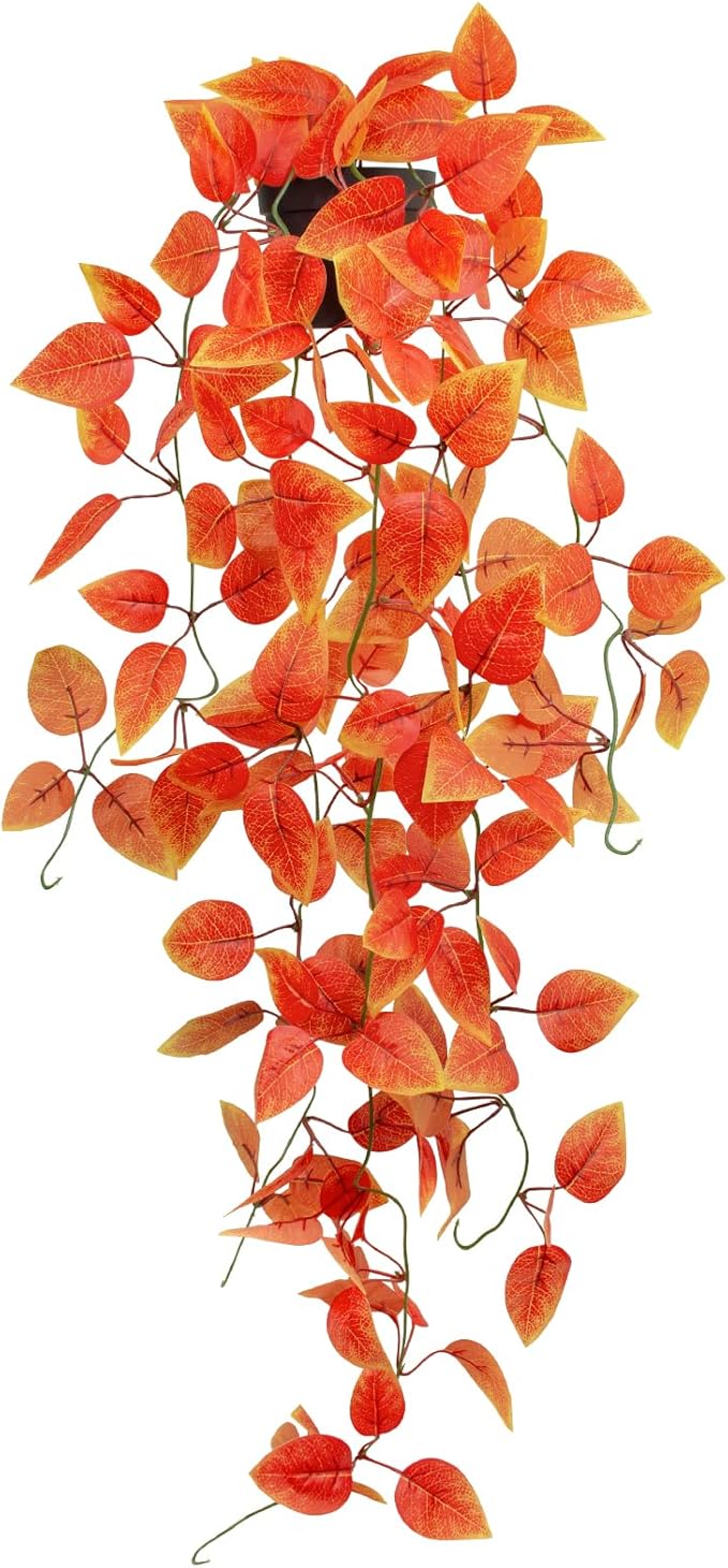 Fake Fall Plants Hanging Faux Orange Vines Artificial Potted Pothos Plant- Fall Decorations Autumn Decor for Thanksgiving Bathroom Wall Kitchen Room Decor Indoor and Outdoor (Black Pot)