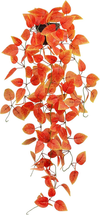 Fake Fall Plants Hanging Faux Orange Vines Artificial Potted Pothos Plant- Fall Decorations Autumn Decor for Thanksgiving Bathroom Wall Kitchen Room Decor Indoor and Outdoor (Black Pot)