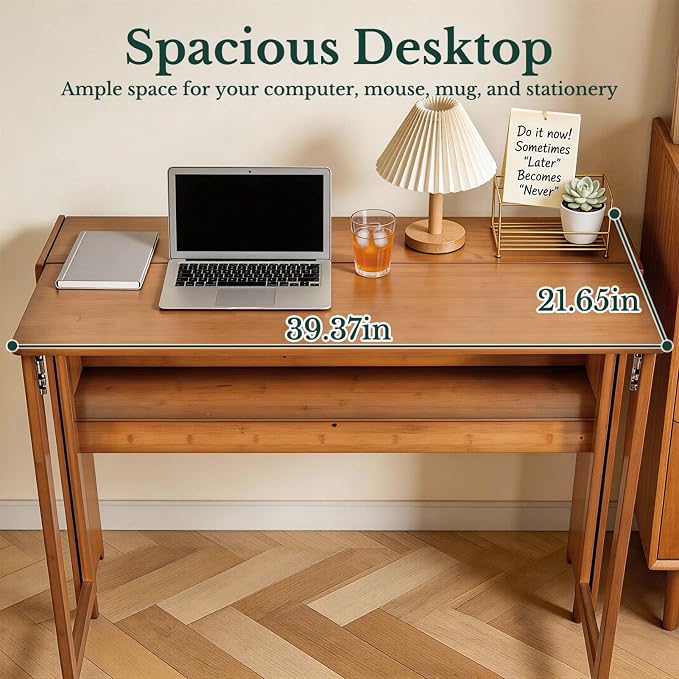 41'' Bamboo Folding Desk with Bookshelf, Space-Saving Computer Desk, Mid Century Modern Foldable Study Table for Home Office, Bedroom, Small Spaces - Brown
