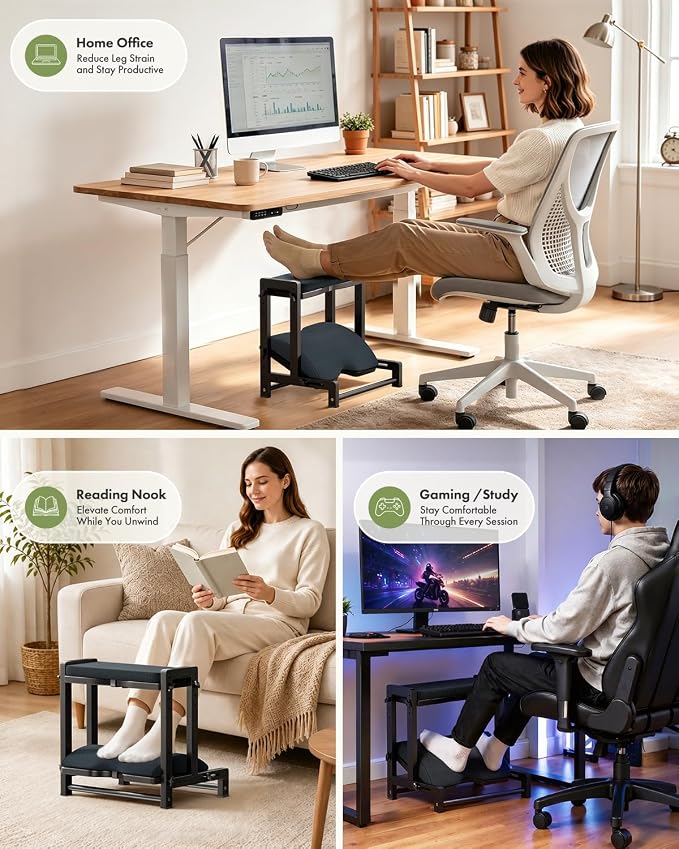 Amazer Double Step Foot Rest for Under Desk, 4 Adjustable Heights Bamboo Under Desk footrest with Soft Cushion, Dual-Layer Desk Foot Stool for Office Home Gaming, Natural Wood Foot Rests for Work