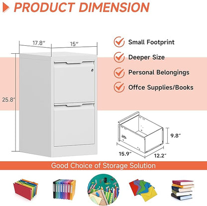 2 Drawer File Cabinet,Metal Vertical File Storage Cabinet with Lock, Printer Stand,Home Office Steel for A4 Letter/Legal Size, Assembly Required(White)