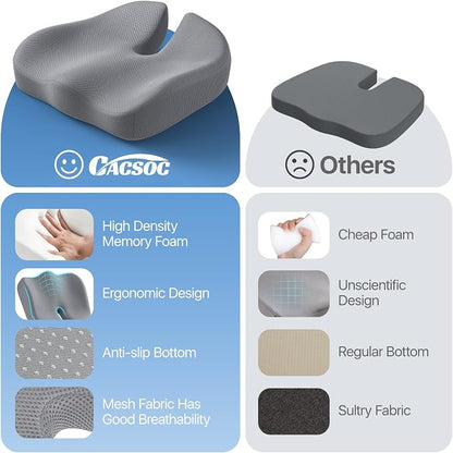 CJACSOC Seat Cushion, Extra Large Memory Foam Cushion for Office Chair Cushions, Ergonomic Cushions Pad Pillow for Pressure Relief Sciatica & Pain Relief for Long Sitting, Grey