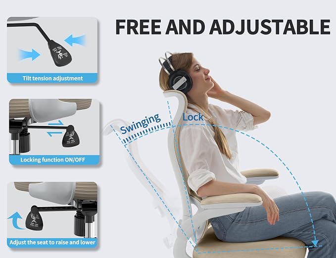 TRALT Ergonomic Office Chair - Desk Chair with Wave High Back Adjustable Lumbar Support Computer Chair - Gaming Chairs Mesh Backrest and PU Leather Seat for Home Reading Chairs to Adults(Beige)