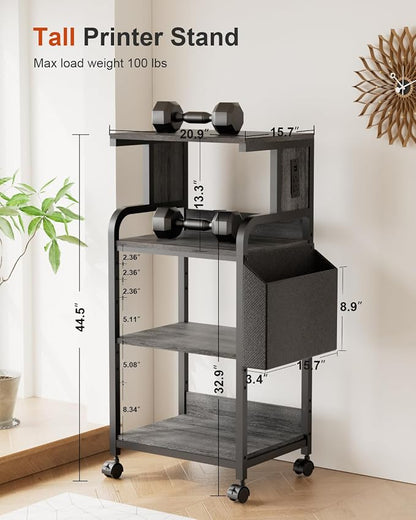 Tall Printer Stand with Storage, 4-Tier Mobile Printer Cart with Adjustable Shelf & Side Bag, Heavy Duty Printer Table with Built-In Charging Station for Home Office, Fits Scanner, Fax Machine, Grey