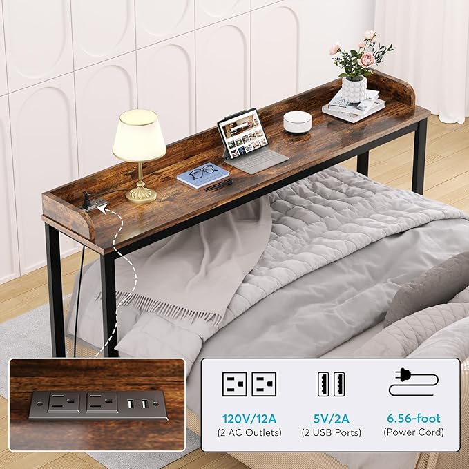 Ytaoka 70.8" Standing Desk with Charging Station, Extra Long Desk on Wheels for Standing and Sitting, Sofa Table Behind Couch with Power Outlets and USB Ports, Easy Assembly, Walnut