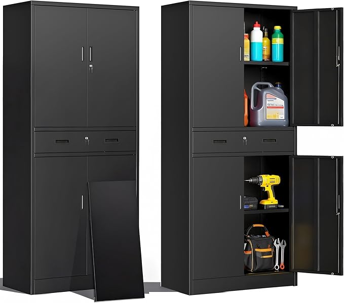 71" H Tall Metal Storage Cabinet with Drawer, Metal Garage Storage Cabinet with Lock and 2 Adjustable Shelves for Home, Office, Garage, Warehouse Organize, Black