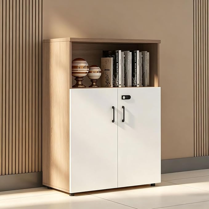 File Cabinet with Password Lock, Wood Lateral Filing Cabinet for Letter/A4 Files, 3 Drawer with Door, Printer Stand with Open Shelves for Home Office
