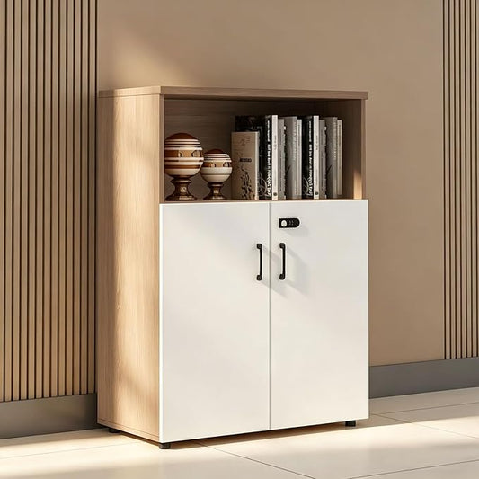 File Cabinet with Password Lock, Wood Lateral Filing Cabinet for Letter/A4 Files, 3 Drawer with Door, Printer Stand with Open Shelves for Home Office