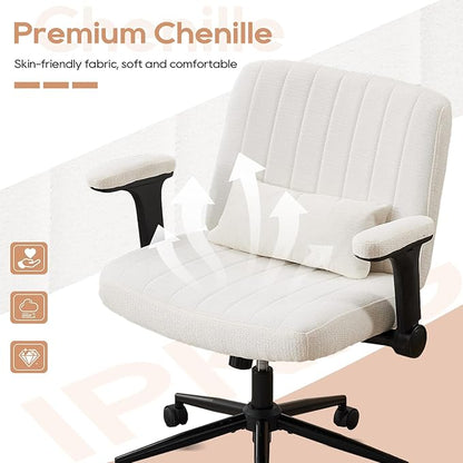 IPKIG Criss Cross Chair with Adjustable Flip-up Arms, Vanity Chair with Wheels, Comfy Desk Chair with Lumbar Pillow Swivel Wide Office Chair for Home Office, Bedroom, Chenille, Beige