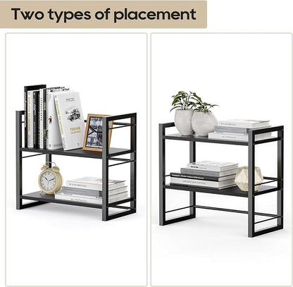 Office Desk Shelf Organizer, Wood Desktop Bookshelf Supplies Storage Rack, Shelf for Top of Desk and Dresser (Pure Black-2 Tier)