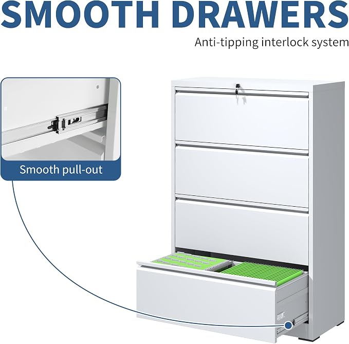 4 Drawer File Cabinet with Lock, White Metal Lateral Filing Cabinets for Home Office, Heavy Duty Steel Horizontal Locking Storage Cabinet for Legal/Letter/A4 Size File, Assembly Required