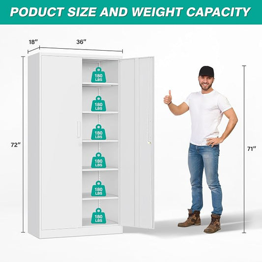 Wide & Deep Metal Storage Cabinet with 2 Doors and 5 Adjustable Shelves,White Locking Metal Cabinet,Large Garage Storage Cabinets,Lockable Tall Pantry Cabinets for Home,Office,Garage,Shop 72x36x18