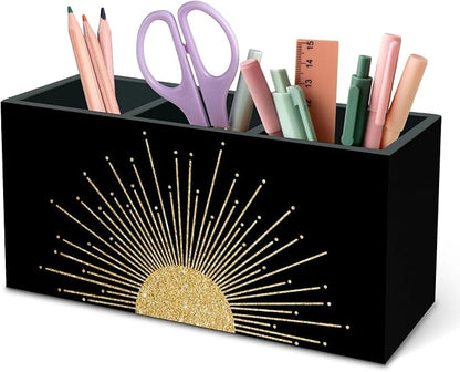 DILSJ Boho Abstract Golden Sunshine Pen Pencil Holder Organizer for Desk, Boho Office Decor, Mid Century Modern Minimalist Abstract Sunshine Wooden Box Signs for Home Office Desk Tabletop Decoration