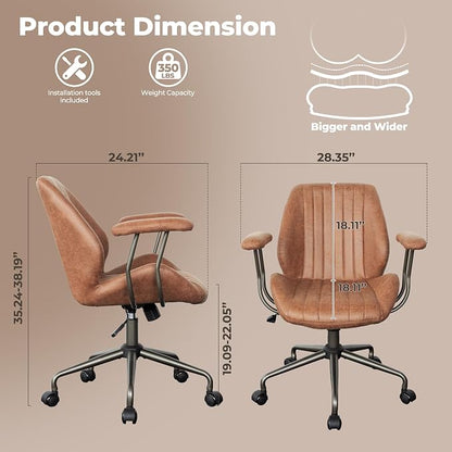 ovios Home Office Chair, Mid-Century Modern Faux Suede Leather Ergonomic Chairs, Mid Back Comfy Computer Swivel Rolling Task Executive Armchair, Brown
