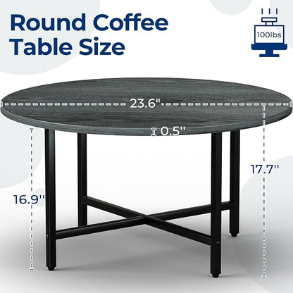 FAMIDGE Round Coffee Table, 23.6" Small Coffee Tables for Living Room, Circle Coffee Table with Metal Frame, Floor Table Desk for Sitting on The Floor, Home, Office, Grey