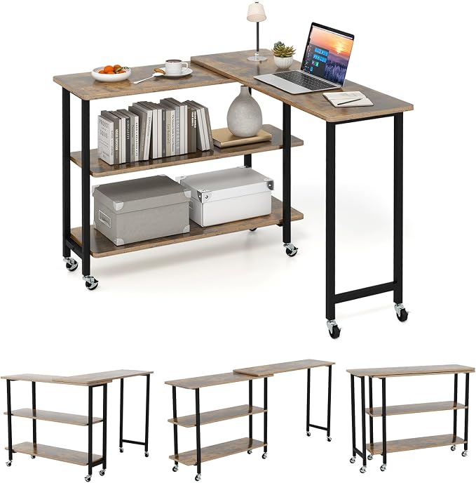GOFLAME 360° Rotating Sofa Side Table, Mobile Couch Side End Table with 2-Tier Storage Shelves, Swivel Rolling Desk w/Metal Frame, 6 Casters, Movable Laptop Table for Home Office, Patented, Brown
