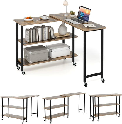 GOFLAME 360° Rotating Sofa Side Table, Mobile Couch Side End Table with 2-Tier Storage Shelves, Swivel Rolling Desk w/Metal Frame, 6 Casters, Movable Laptop Table for Home Office, Patented, Brown