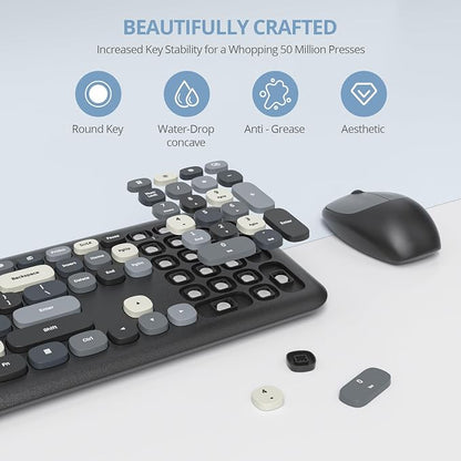 Surmen Colorful Black Quiet Keyboard and Mouse Wireless, Full-Size Girly Slient Keyboard Retro Typewriter Low-Noise 2.4GHz for Computer, Desktop, Laptop (X110-Blend Gray)