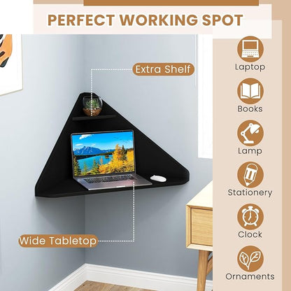 Giantex Corner Floating Desk, Wall Mounted Computer Desk with Storage Shelf, Space-Saving Writing Desk, Triangle Laptop Desk for Living Room, Study, Bedroom, Home Office & Small Spaces (Black)