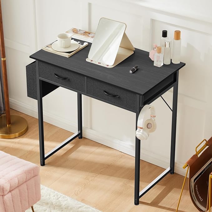 OLIXIS 32 Inch Small Desk with Fabric Drawers for Home Office, Gaming Computer Desk with Side Bag & Headphone Hook, Writing Study Work Table for Bedroom Small Space, Sleek Black