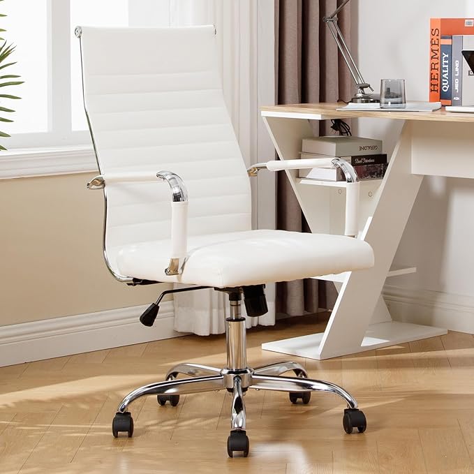 Office Chair, Ergonomic Executive Conference Room Chairs, Ribbed Leather Desk Chair with Lumbar Support, Adjustable Height Mid-Back Swivel Chair (Triple Bend Handrail Armrests, White)