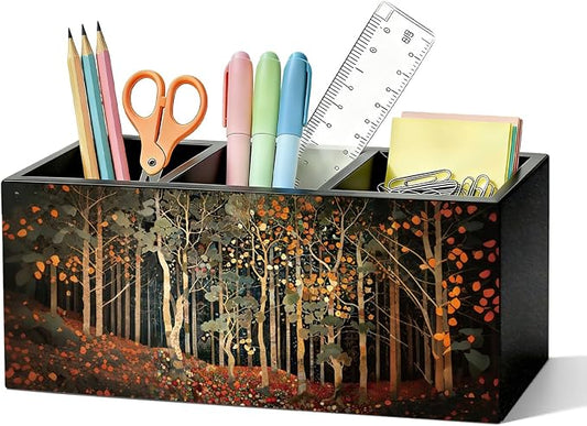 Vintage Forest Landscape Pen Pencil Holder for Desk, Dark Cottagecore Inspired Forest Wooden Box Sign Organizer for Home Office Bedroom Desk Accessories Tabletop Decorations