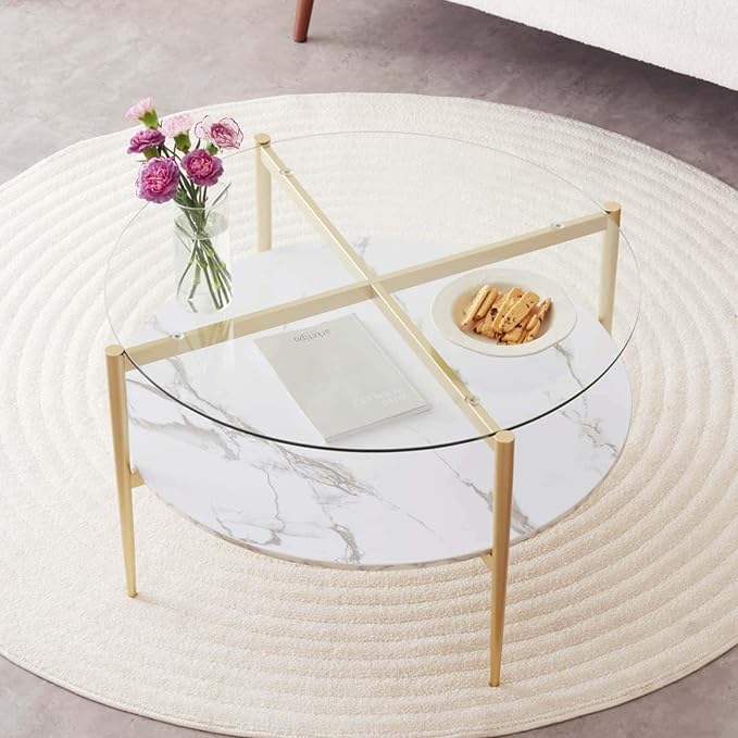LumFurn Round Coffee Table for Living Room, Mid-Century Modern Design, D30 x H17, 2-Tier Structure, Clear Glass Top and White Marble Finish Wood Shelf, Sleek Conical Metal Legs with Gold Finish Frame