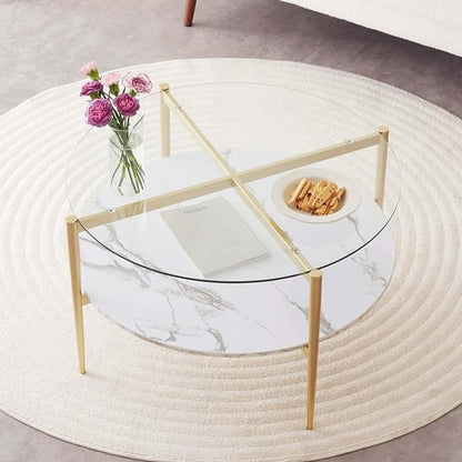 LumFurn Round Coffee Table for Living Room, Mid-Century Modern Design, D30 x H17, 2-Tier Structure, Clear Glass Top and White Marble Finish Wood Shelf, Sleek Conical Metal Legs with Gold Finish Frame