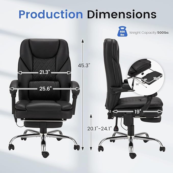 HOMREST 6-Point Massage Office Chair with Heat, 500lbs Big and Tall Executive Chair, Ergonomic Reclining Desk Chair with Footrest & Lumbar Support, Adjustable Armrest, PU Leather (Black)