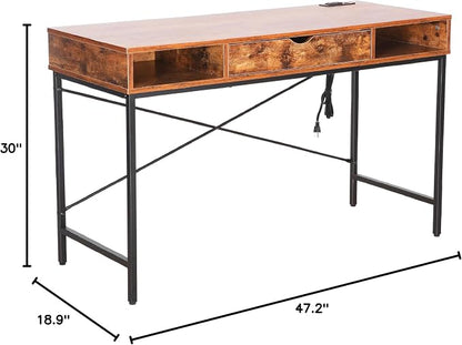 JJS 48' Writing Desk with Power Outlet, Home Office Contemporary Large Computer Desk Laptop Workstation with Drawer USB Ports Charging Station, Rustic Brown