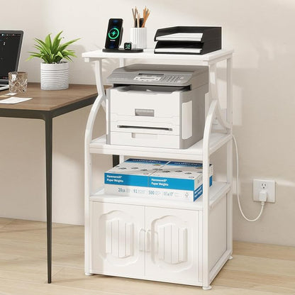 Natwind 4 -Tier Rolling Printer Stand with Power Outlet,23.6"x15.8",White | Printer Table with Adjustable Open Shelf,Home Office Storage Filing Cabinet on Lockable Wheels for Printer,Scanner and Files