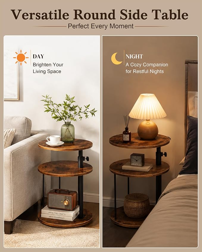 Faesun Swivel Round Table for Couch Arm, Height Adjustable C Shaped End Table for Recliner or Bed, Tv Trays with Storage Shelf for Small Spaces- Small Nightstand for Living Room, Bedroom, Rustic