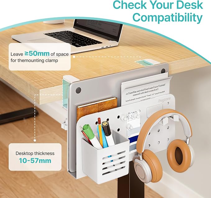 PEGZONE Desk Side Storage Organizer, No Drill Under Desk Laptop Holder, Clamp on Desks Shelf with Pegboard Accessories, Hanging Laptop Mount, Fits Flat Edge 0.4" to 2.2", White