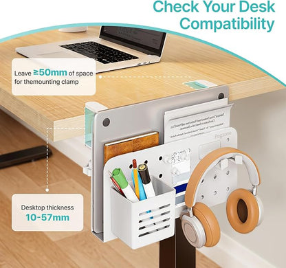 PEGZONE Desk Side Storage Organizer, No Drill Under Desk Laptop Holder, Clamp on Desks Shelf with Pegboard Accessories, Hanging Laptop Mount, Fits Flat Edge 0.4" to 2.2", White