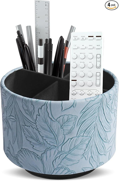 Round Leather Art Supply Organizer,Remote Control Holder,360 Degree Spinning,Multi-Functional Pencil Holder,4 Compartments Desktop Stationary Organizer(1-Carved Light Blue)