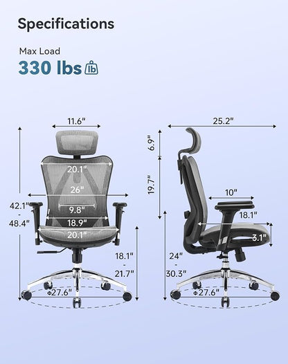 SIHOO M57 Ergonomic Mesh Office Chair, High Back Home Desk Chair with 3D Armrests, Lumbar Support and Adjustable Headrest, Comfortable Computer Chair, Big & Tall Office Chair Hold 330 LBS-Grey