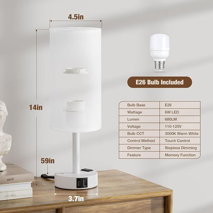 Touch Bedside Table Lamp with Memory - Stepless Dimmable Lamp for Bedroom, Small Nightstand Lamp with Dual USB Charging Ports and AC Outlet, Wood Night Light, Desk Lamp for Nursery (White & White)