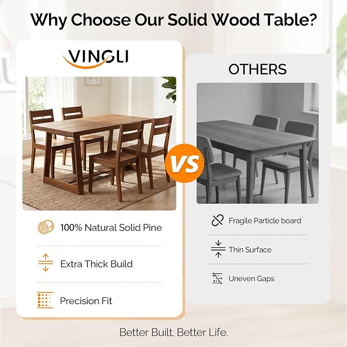 VINGLI 48 Inch Farmhouse Dining Table for 4-6, Solid Pine Wood Table with 4 Corner Protectors, Rectangular Dining Table for Kitchen, Dining Room, Small Apartment, Studio, Family Dinner, Walnut