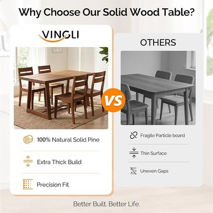 VINGLI 48 Inch Farmhouse Dining Table for 4-6, Solid Pine Wood Table with 4 Corner Protectors, Rectangular Dining Table for Kitchen, Dining Room, Small Apartment, Studio, Family Dinner, Walnut