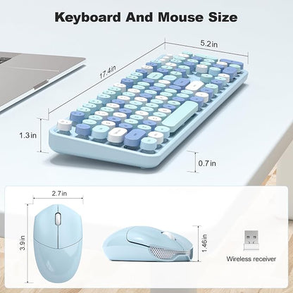 Wireless Keyboard and Mouse Combo, 2.4GHz Retro Full-Size Typewriter Keyboard with Number Pad and Wireless Mouse for PC/Laptop/Desktop/Windows (Pale Blue)