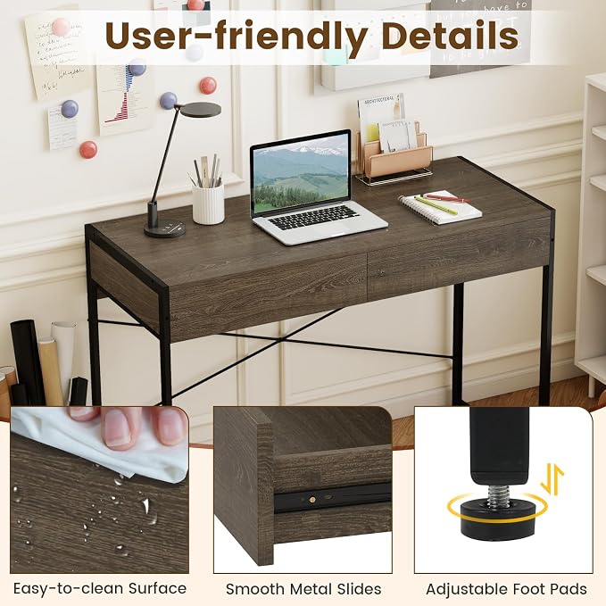 GOFLAME 44 Inch Computer Desk with 2 Drawers, Home Office Desk with Metal Frame, Small Study Writing Workstation with Storage, PC Laptop Table for Living Room, Bedroom, Study, Grey
