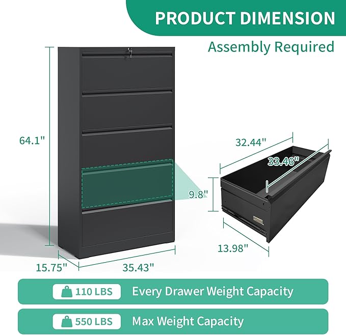 IKIMI 5 Drawer Lateral File Cabinets with Lock,Metal Lateral Filing Cabinet for Home Office,Wide Steel Storage Cabinet Commercial Drawer for Legal/Letter/A4 Size Files Assembly Required