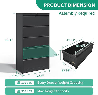 IKIMI 5 Drawer Lateral File Cabinets with Lock,Metal Lateral Filing Cabinet for Home Office,Wide Steel Storage Cabinet Commercial Drawer for Legal/Letter/A4 Size Files Assembly Required