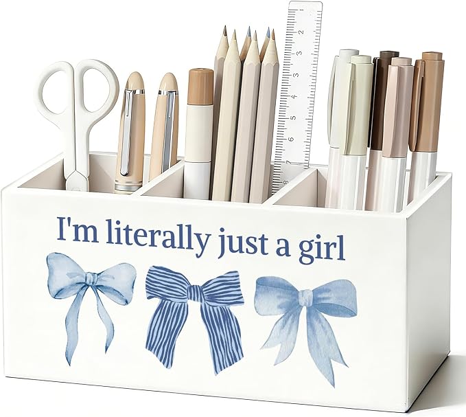 Coquette Blue Bow Pen Pencil Holder for Desk, Preppy Desk Decor, I'm Literally Just a Girl Preppy Aesthetic Wooden Box Sign Decorations for Girls Bedroom Room Dorm Tabletop