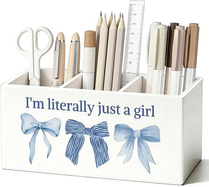 Coquette Blue Bow Pen Pencil Holder for Desk, Preppy Desk Decor, I'm Literally Just a Girl Preppy Aesthetic Wooden Box Sign Decorations for Girls Bedroom Room Dorm Tabletop