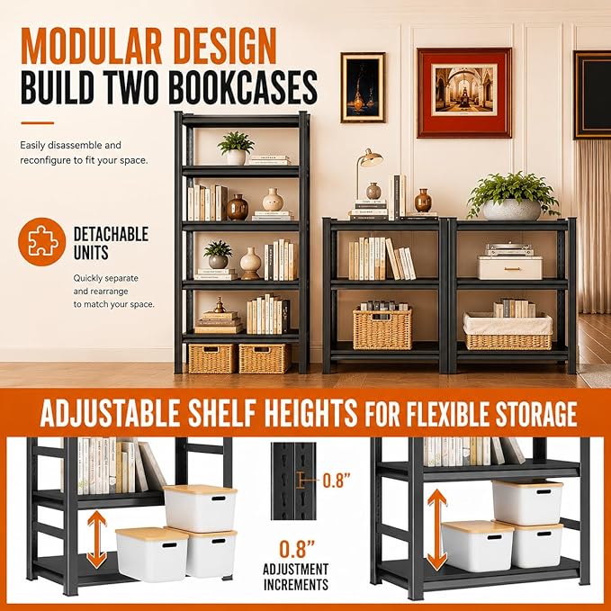 Modern Metal Book Shelf, Display Black Bookshelf, Bolt-Free Metal Storage Shelves for Books CDs, Adjustable Bookshelf in Living Room, Bedroom, Kitchen, Home, Office, 15.7" W x10 D x22 H