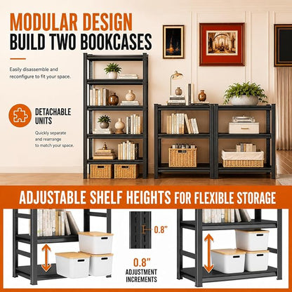 4-Tier Metal Bookshelf, 45.5" W Industrial Tall Display Bookcase, 1200LBS Modern Black Book Shelf, Adjustable Bolt-Free Storage Shelves for Living Room, Bedroom, Kitchen, 63" H