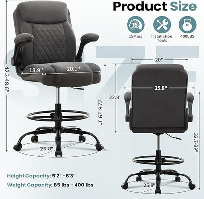 MAHOMICO Drafting Chair for Standing Desk – Tall Office Chair with Adjustable Height & Foot Ring, Flip-Up Arms, Lumbar Support – Comfortable Fabric Seat, Ideal Home Desk Chair