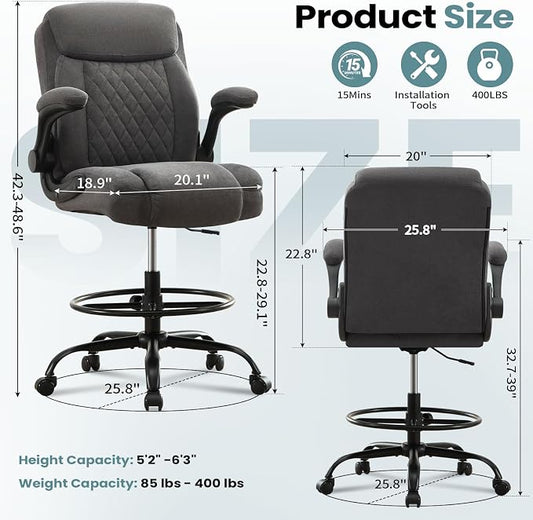 Drafting Chair Tall Office Chair for Standing Desk, Ergonomic Tall Desk Chair with Adjustable Height and Foot Ring, Flip-Up Armrests, Lumbar Support, Breathable Fabric Seat for Home Office and Studio